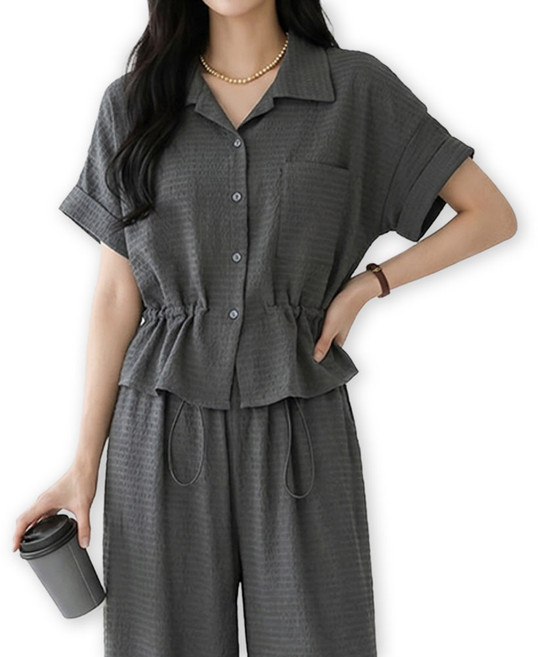 메리앤유 소프트 엠보 패턴 카라 반팔 셔츠 와이드 팬츠 2종 세트 셋업