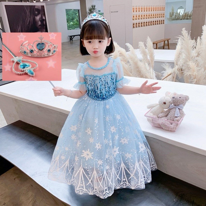 冰雪奇緣艾莎洋裝蓬蓬裙，夏季連衣裙萬聖節造型服飾，兒童表演服裝elsa禮服短袖蓬蓬紗裙生日洋裝禮服