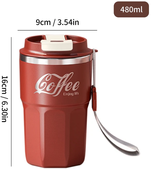 400/480ML 304 스테인리스 스틸 커피 컵 뚜껑&손잡이 포함 이중층 재사용 가능한 단열, 01 Red 480ml
