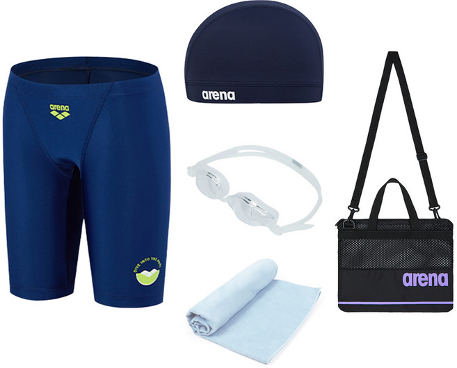 AKT-5950-네이비 아레나 남아동 생존수영키트 5종 (수경 수모 수영복 메쉬가방 타올 폴리백 세트)