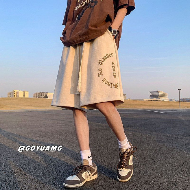 麂皮絨短褲男夏季美式復古潮牌休閒五分中褲外穿過膝籃球運動褲子