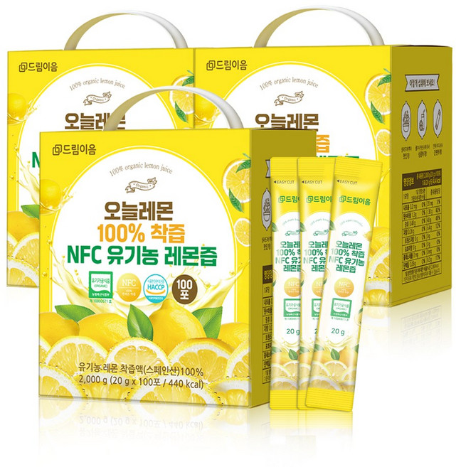 [대용량] 드림이음 오늘레몬 NFC 유기농 레몬즙 20g x 100포, 2kg, 3박스