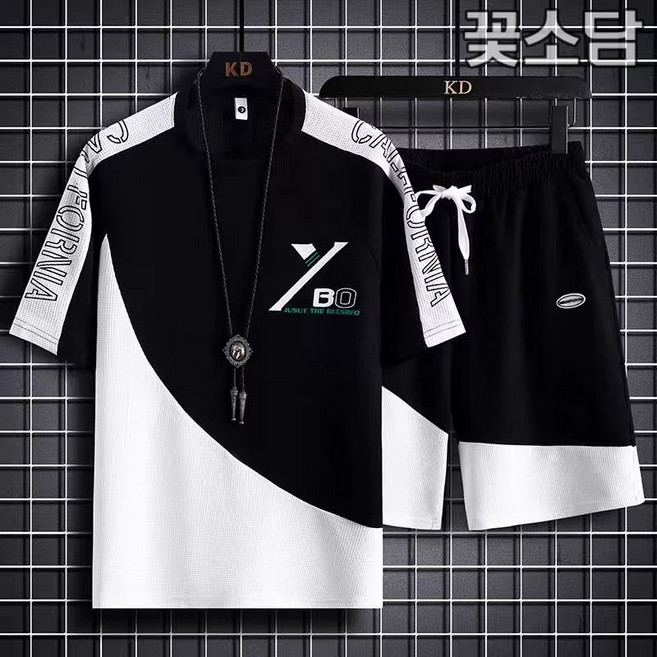 꽃소담 남자 여름 캐주얼 운동복 트레이닝 투피스 오버핏 반팔 반바지 세트