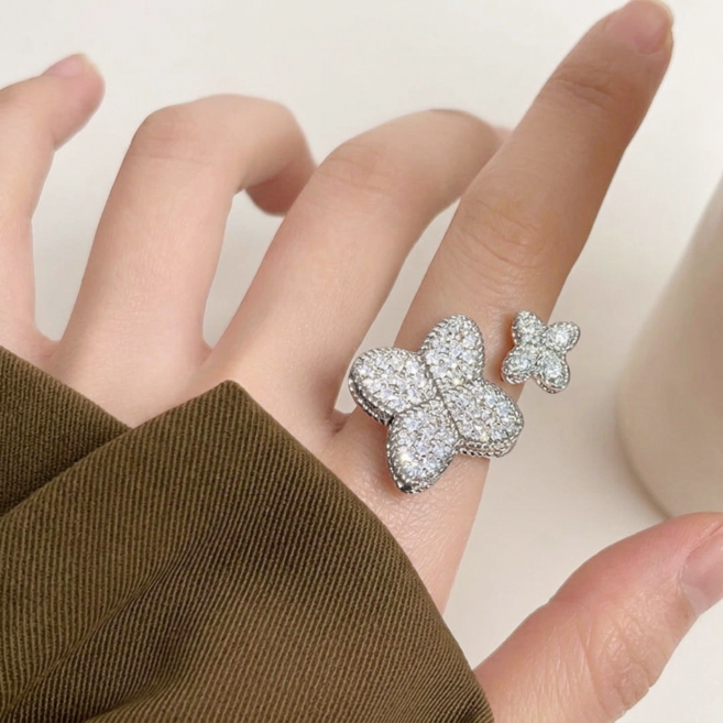 네잎클로버 큐빅 반지 사이즈조절 행운 데일리 레이어드 링