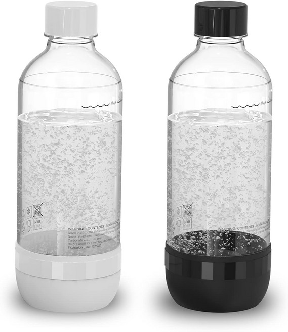 탄산수와 탄산수에 적합한 핀치 소다 병 BPA 프리 재사용 및 충전 식품 등급의 PET 플라스틱으로 만든 물병(2팩 1리터), Black+Black