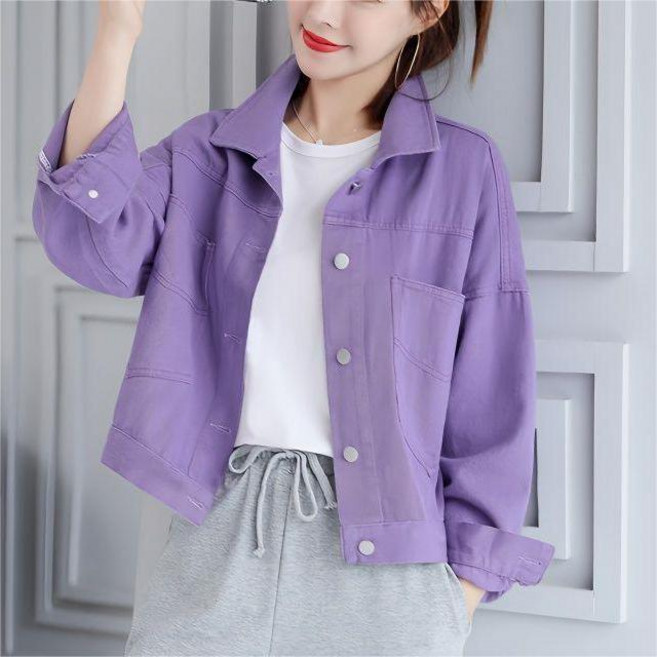티류으스 여성 봄가을 캐주얼 데님 자켓 퍼플 컬러 루즈핏 숏 재킷 CP163