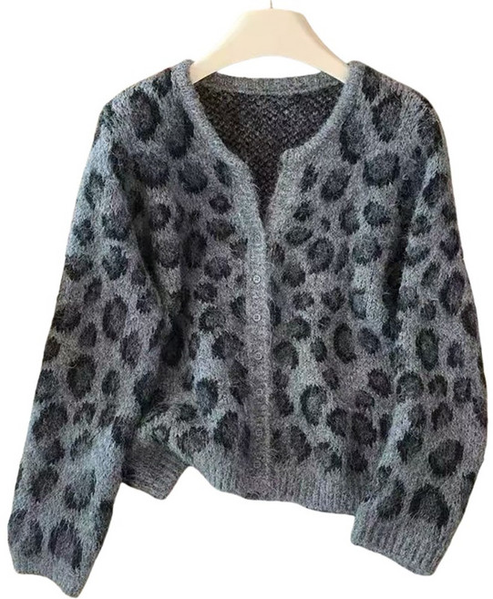 WANGBAIWAN 나른한 호피무늬 니트 카디건 여자 가을 겨울 루즈핏 니트 코트 상의 트렌드 S010403