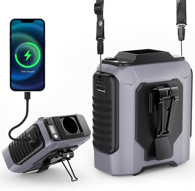 RYZO 허리 선풍기 3 in 1 여름 폭염 대비 선풍기+손전등+보조배터리+LED 디스플레이 야외 근로 캠핑 겸용, 울트라 매트 그레이