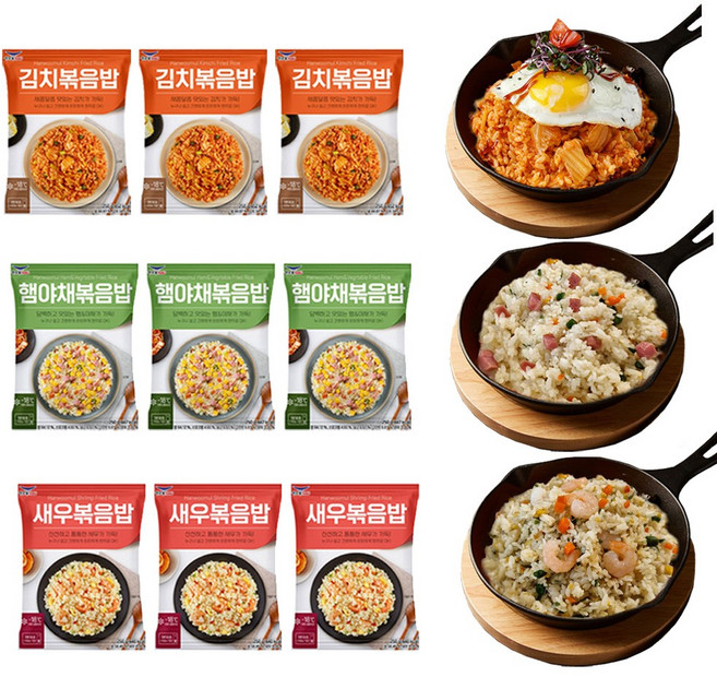 [기숙사 세트] 한우물 볶음밥 3종 9봉 (햄야채 3+김치 3+새우 3) 자취 음식 세트, 한우물 볶음밥 250g 베스트 3종 9봉 세트구성 (, 9개, 250g
