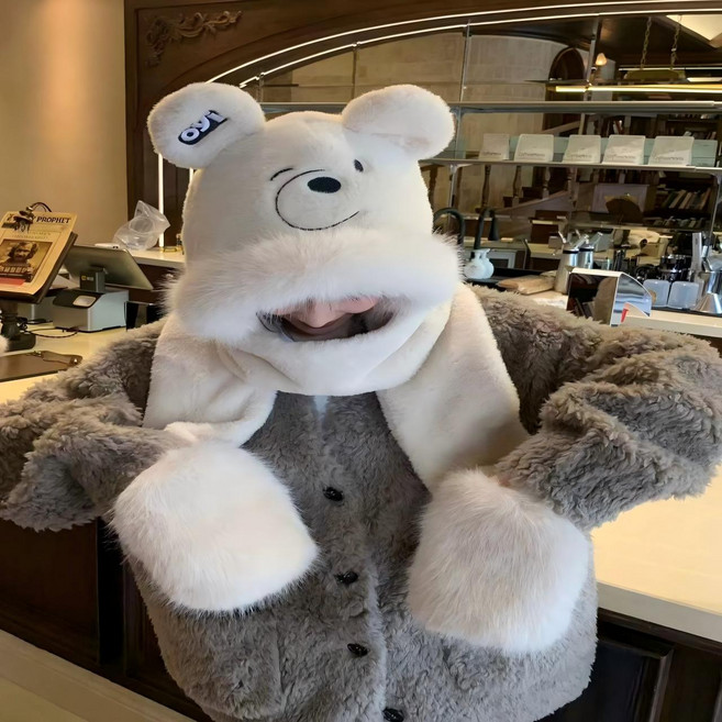 겨울 모자 곰돌이 털모자 목도리 장갑 일체형 후드 귀달이 넥워머