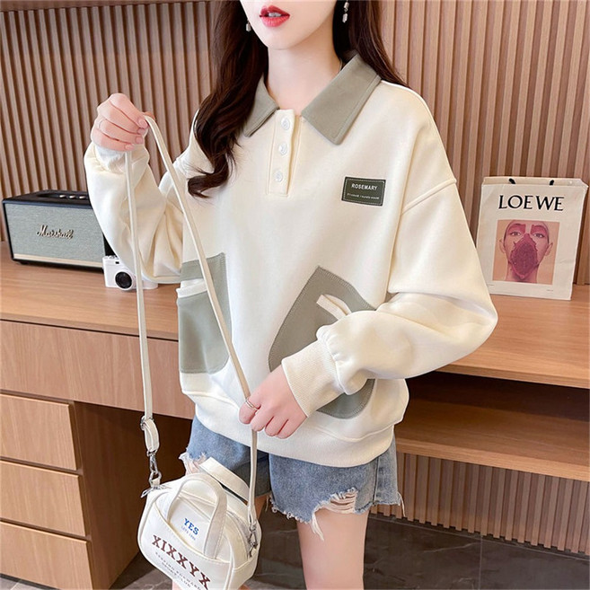 besteffie 여성 캐주얼 편안한 코튼 티셔츠 가을 겨울 긴팔 빅사이즈 포켓 디자인 여자 카라넥 루즈핏 맨투맨 K98