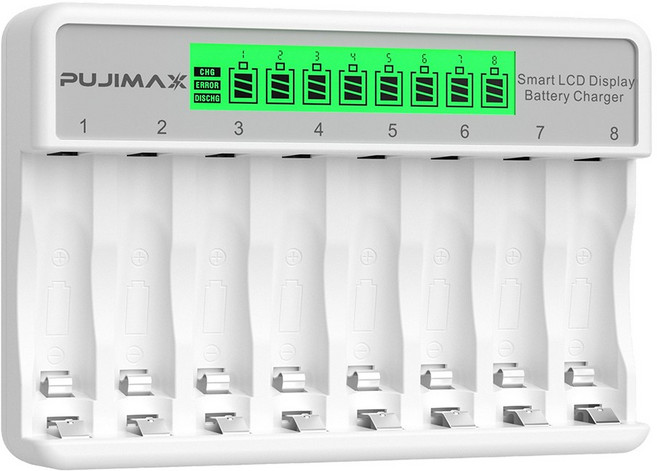 PUJIMAX AA AAA 1.2V Ni-MH 8슬롯 충전지 건전지 급속충전기 과충전방지 LCD표시 화이트 케이스 충전기, 1개