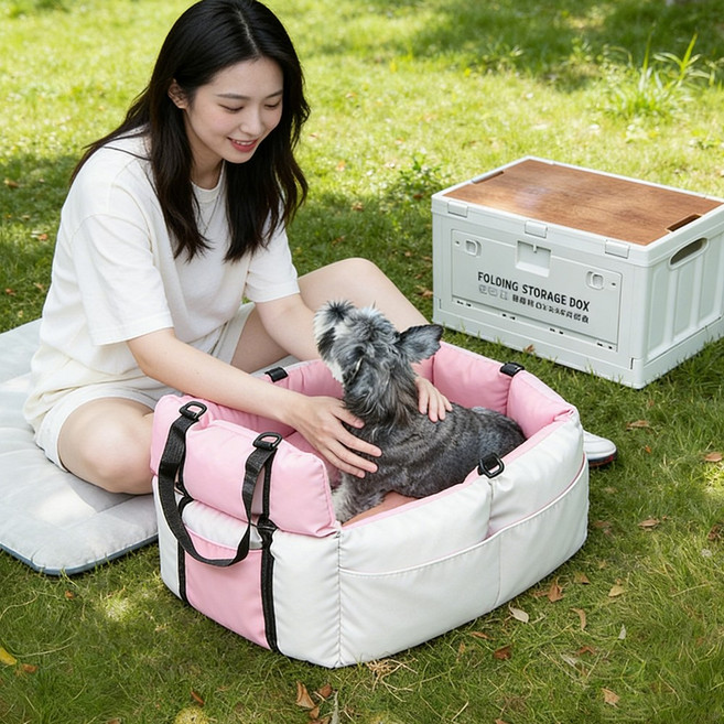 여행용 강아지 자동차 카시트 휴대용 애견 이동가방, 1개, 베이지 핑크