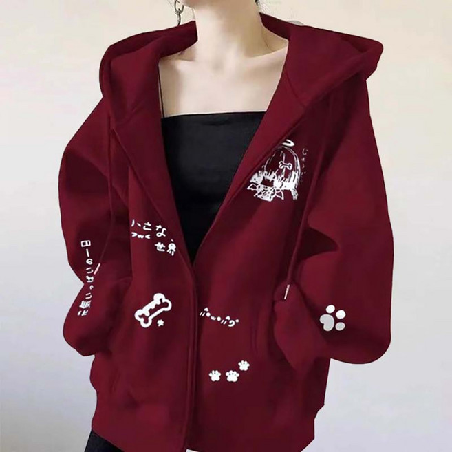 지고다그 여성 캐릭터 프린트 집업 후드티 루즈핏 봄가을 겨울 캐주얼 재킷 HH2948