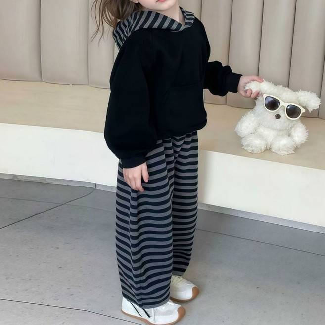 구빠방 아동 캐주얼 후드 맨투맨 스트라이프 팬츠 상하의 투피스 세트
