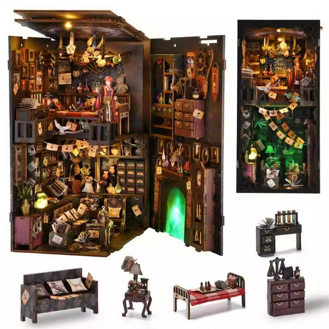 魔法時間圖書館diy小屋書立玩具擺件手工拼裝模型小房子積木禮物, 1個, 魔法師之家SL08:1盒, 1片
