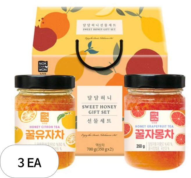 녹차원 달달 허니 차 선물세트, 꿀유자차 350g + 꿀자몽차 350g + 선물박스, 3세트