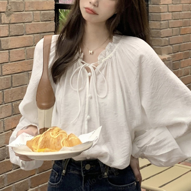 cammello 콩단추 포인트 벌룬 셔링 리본 긴팔 블라우스 봄가을 데이트룩