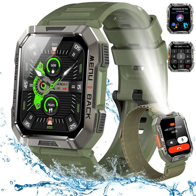 IOWODO W60 아웃도어 스마트워치 2.01인치 대형 화면 900mAh 배터리 방수 먼지충격 방지 통화 나침반 손전등, 블루투스, 4.4cm, 군용 녹색