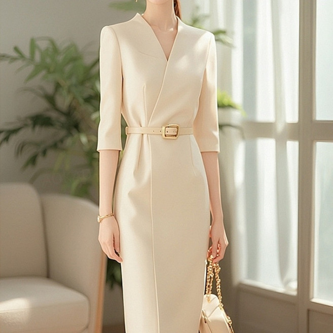 AOKADA 여성 가을 슬림핏 브이넥 7부소매 하객룩 오피스룩 미디 정장 원피스