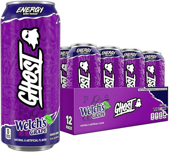 GHOST Energy Drink - 12팩 사워 패치 아동용 레드베리 473.2ml(16온스) - 에너지 및 집중력 및 인공 색소 없음 - 천연 카페인 L-카르니틴 및, Welch's Grape, 473.2ml