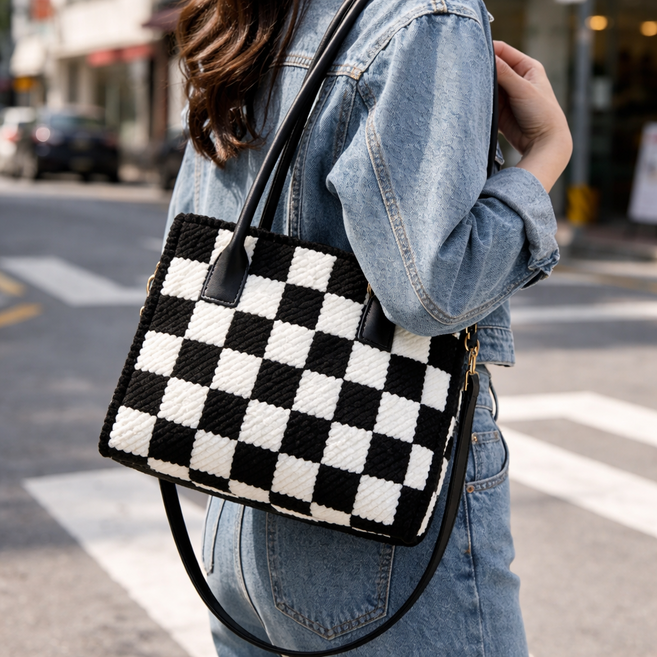 상덕 DIY 숄더 토트백 뜨개질 세트 체크보드 가방 취미 선물, 블랙체크, 1개