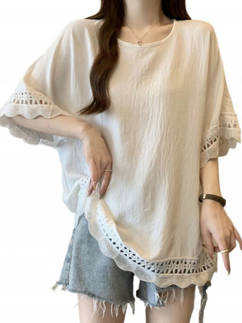 해피유통 여름 기본 빅사이즈 레이스 롱 박시 7부 블라우스 티셔츠