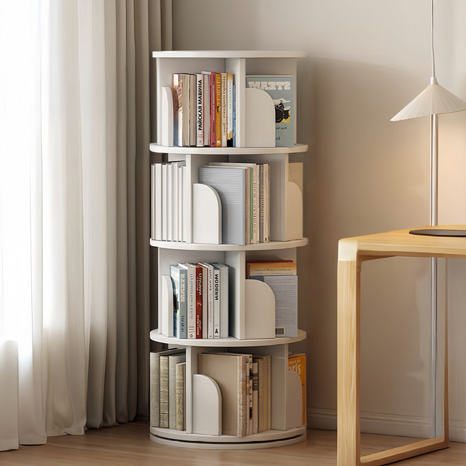 KURUA 학생 대용량 원형 책장 거실 서재 회전형 책꽂이, 흰색, 4단