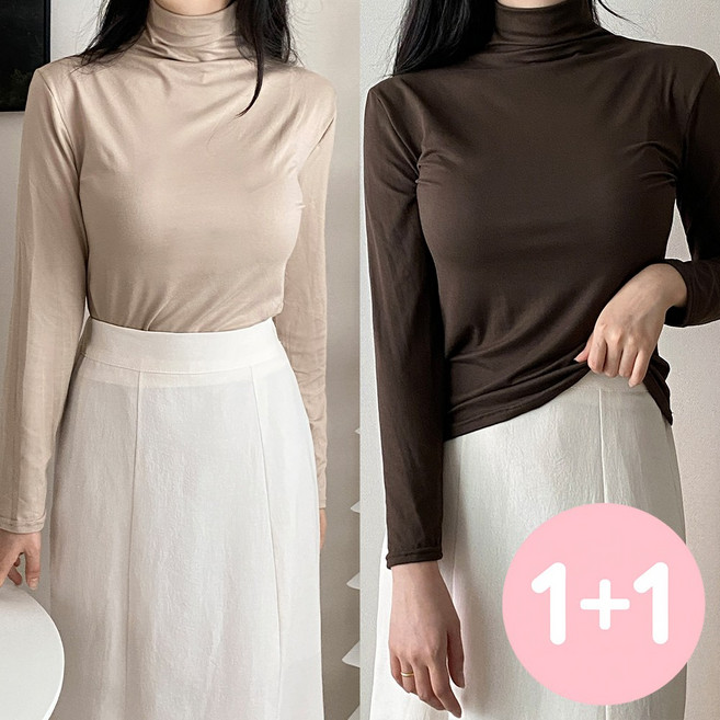아소트 1+1 2장세트 여성 간절기 레이온 이너 베이직 소프트 반목티 목폴라 티셔츠 12컬러