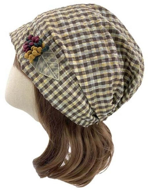 엄마짱 MDS 8418 체크꽃술두건 여성봄여름 사계절두건 항암모자두건 패션두건 위생모두건 엄마선물모자 실내용두건 헤어밴드 여성가을모자두건