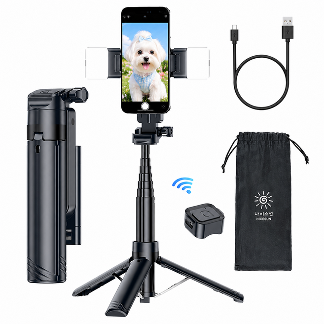 NICESUN 원터치 미니 블루투스 초경량 휴대폰 셀카봉 삼각대 90cm M56, 블랙+LED
