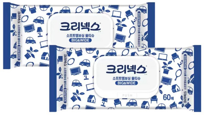 크리넥스 큼직한 소프트엠보싱 안심물티슈, 60매, 2개
