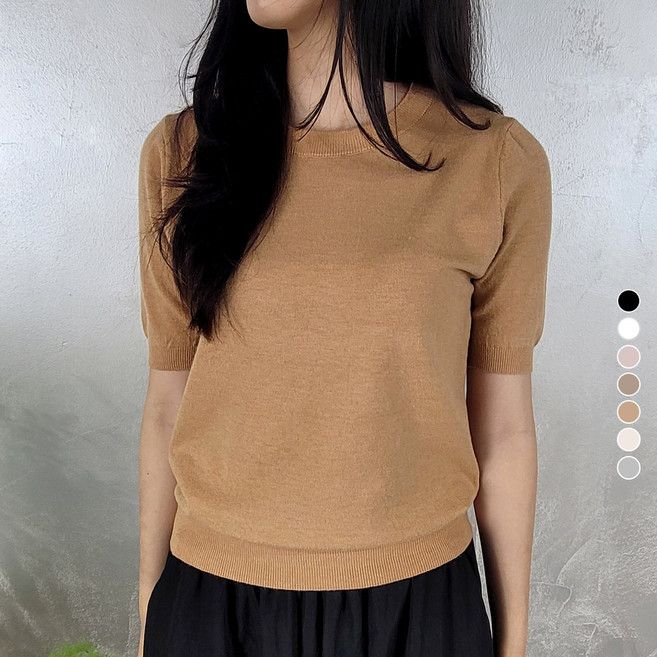 더반디 여성 베이직 간절기 반팔 라운드 니트