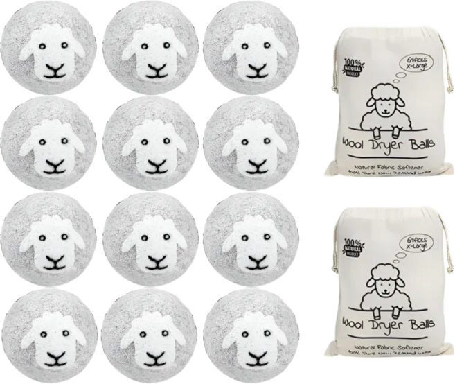 6P+ 전용파우치1개 프리미엄 유기농 양모건조볼 울 드라이어 볼 건조기, 12개, 그레이