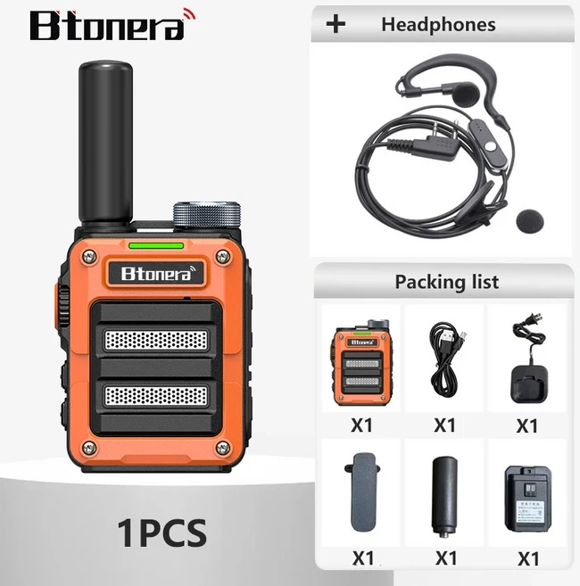 1pcs BTONERA BT390 미니 워키 PMR FRS 장거리 충전식 휴대용 어린이 캠핑 여행을위한 양방향 라디오 Type-, 01 유로, 07 orange-Headphones