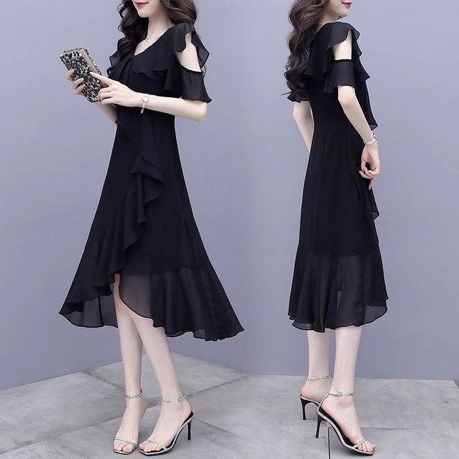 출근 시스루 브이넥 플리츠 허리조임 소매셔링 망사 캐주얼 여성 여름 원피스 플레어 통풍