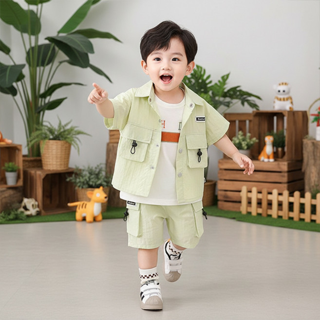 몽실이 사파리 반팔상하복 3pcs 여아 남아 여름 반팔 셔츠 반바지 상하세트 여행룩 나들이룩