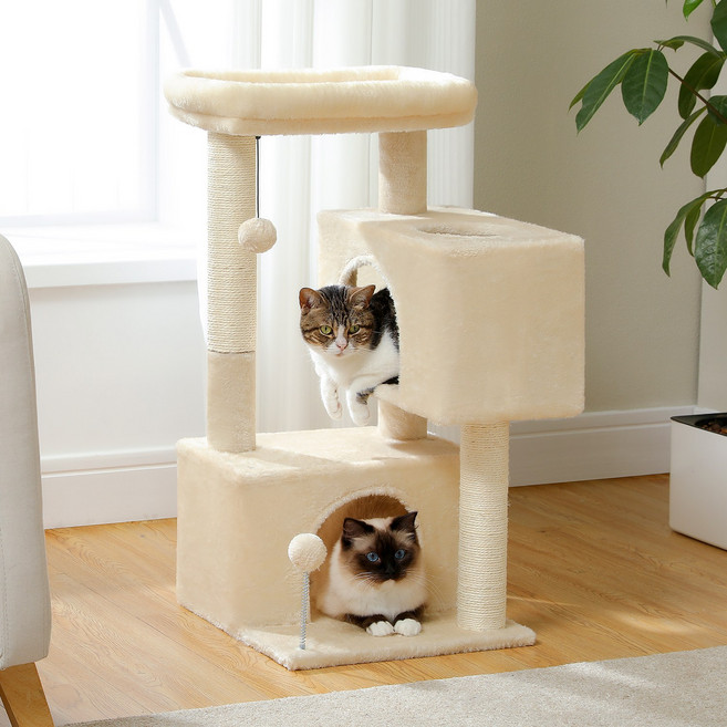 PAWZ Road 4단 소형 패브릭 캣타워 더블 숨숨집 고양이 하우스, 1개, 베이지