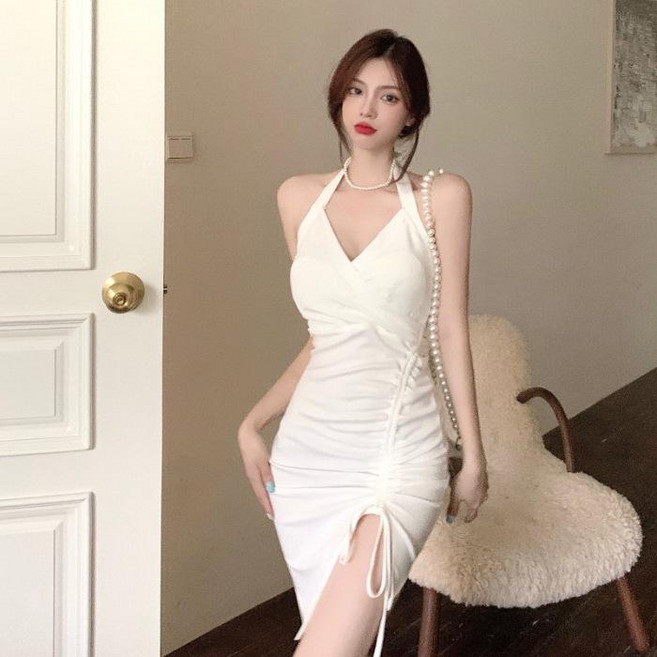 Dala 白色掛脖吊帶連衣裙, 白色