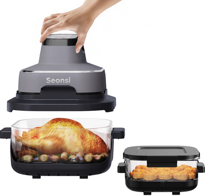 Seonsi 크리스피 4 in 1 포터블 글라스 쿠킹 시스템 에어프라이어 세트 4L+1.5L, 그레이