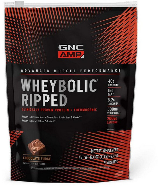 GNC AMP Wheybolic Ripped Whey Protein Powder 지앤씨 앰프 웨이볼릭 리프트 유청 단백질 파우더 초콜릿 퍼지 맛 493.2g, 1개