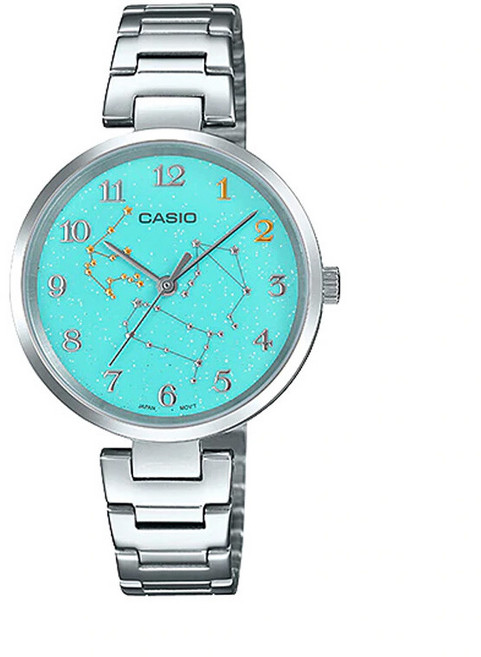 카시오 LTP-E08D-3A 여성용 스테인리스 스틸 그린 아쿠아리우스 조디악 모티브 다이얼 시계 638159