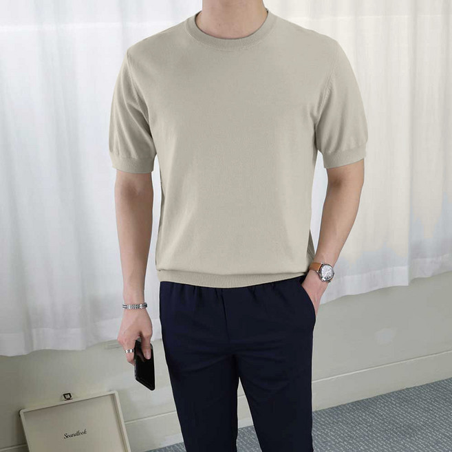 로코비전 남성 시그니처 아이스 머슬핏 라운드 반팔 니트