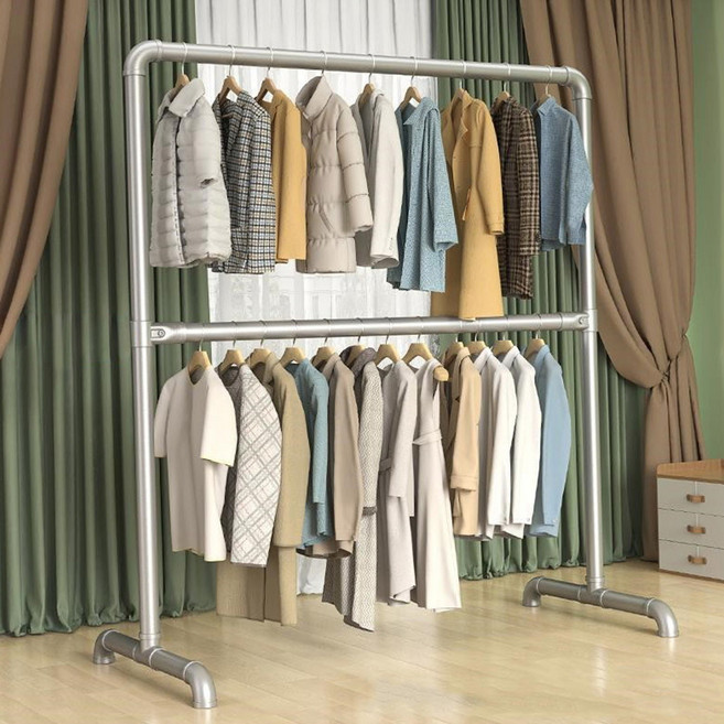 철제 파이프 행거 옷걸이 스텐드 이동식 튼튼한 2단 1단 스틸 실버 드레스룸, 듀로 행거-중형