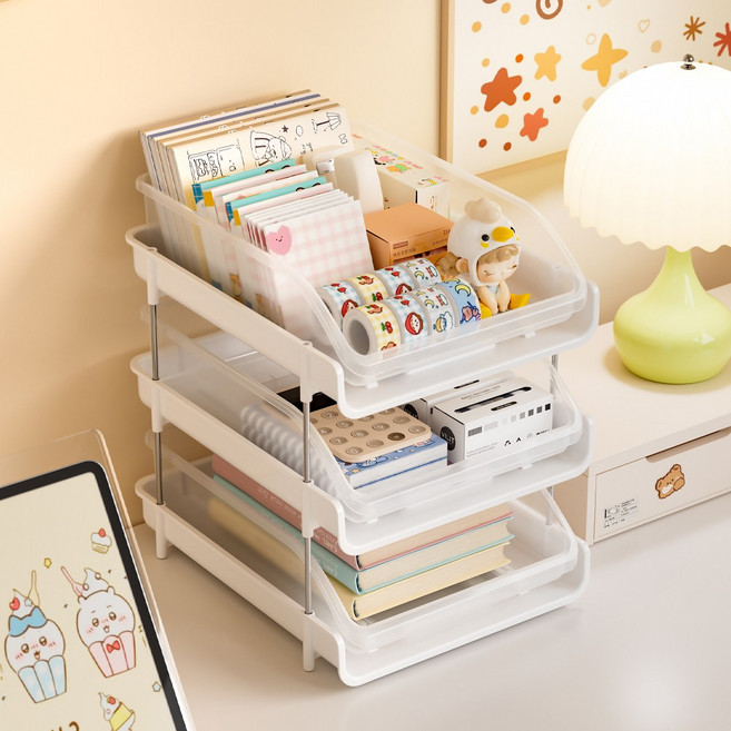 락톡마켓 A4 서류정리함 오픈형 슬라이드 트레이 책상정리함 사무실 파일보관함, 3단, 화이트+반투명
