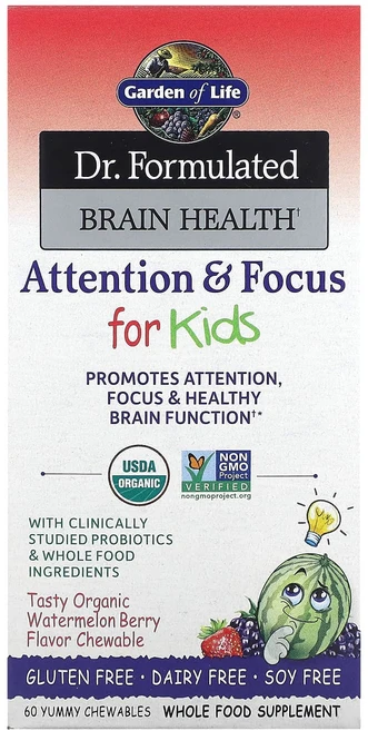 Garden of Life Dr. Formulated 두뇌 건강 어린이용 주의 및 집중력 유기농 워터멜론 베리 맛있는 츄어블 60정, GardenofLifeDrFormulated두뇌건강어린, 1개 - 쿠팡