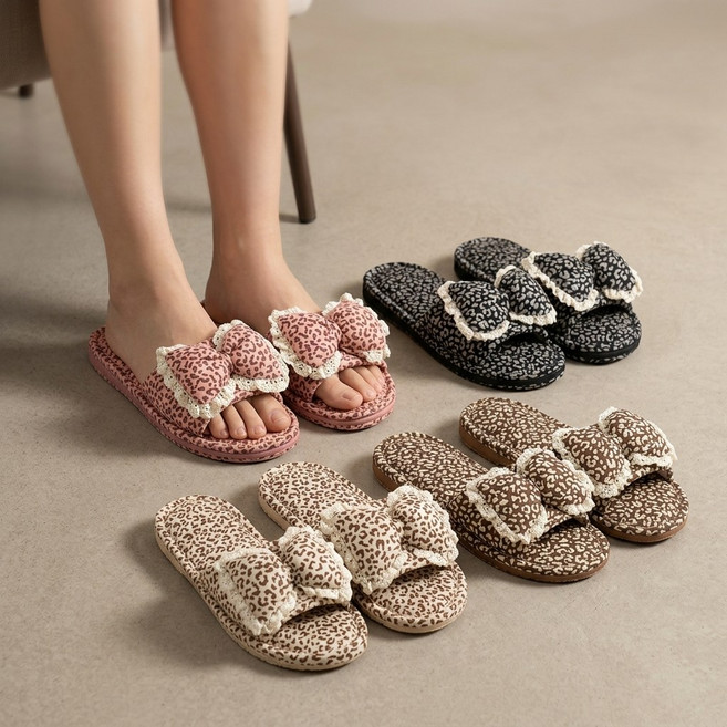 호피리본 3겹 삼중쿠션 거실 실내화 슬리퍼, 1개, 핑크