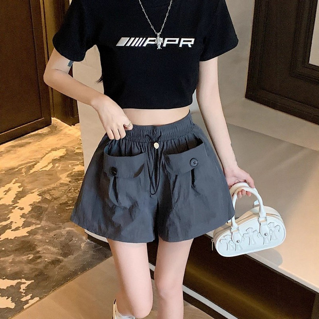 SAHINER 여성 와이드 반바지 포켓 밴딩 허리끈 캐주얼 여름 팬츠 ADK38