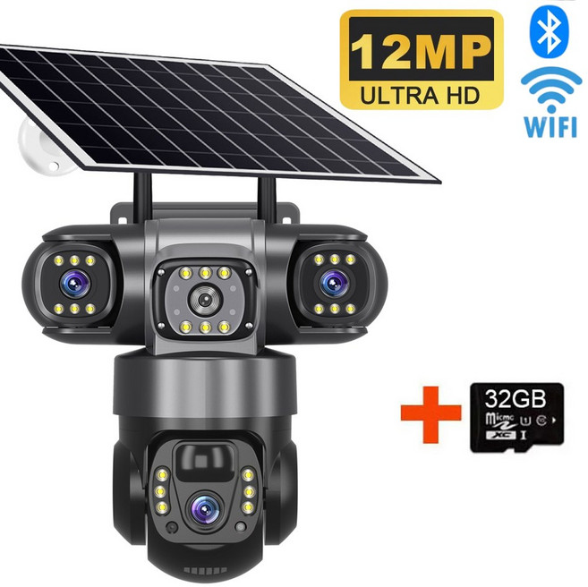 12MP HD 태양광 야외 와이파이 PIR 3화면 방수 IP66 카메라 감지 10배 인체, Wifi Camera 32G