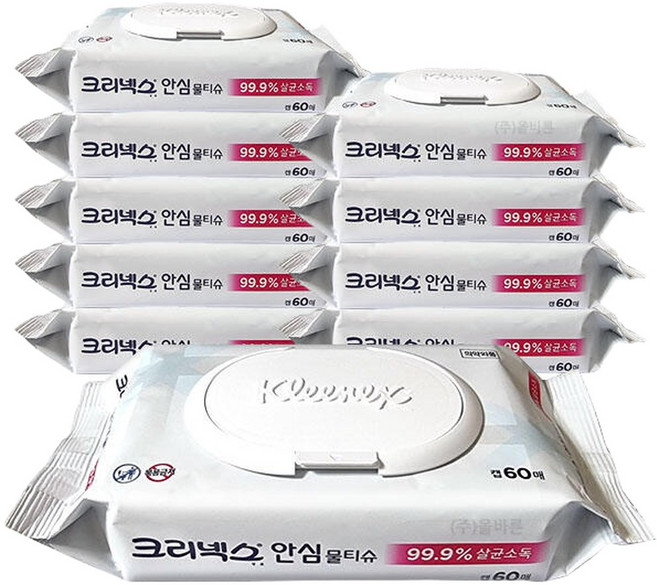 크리넥스 안심물티슈(99.9항균) 캡형 60매x10팩, 60매입, 10박스